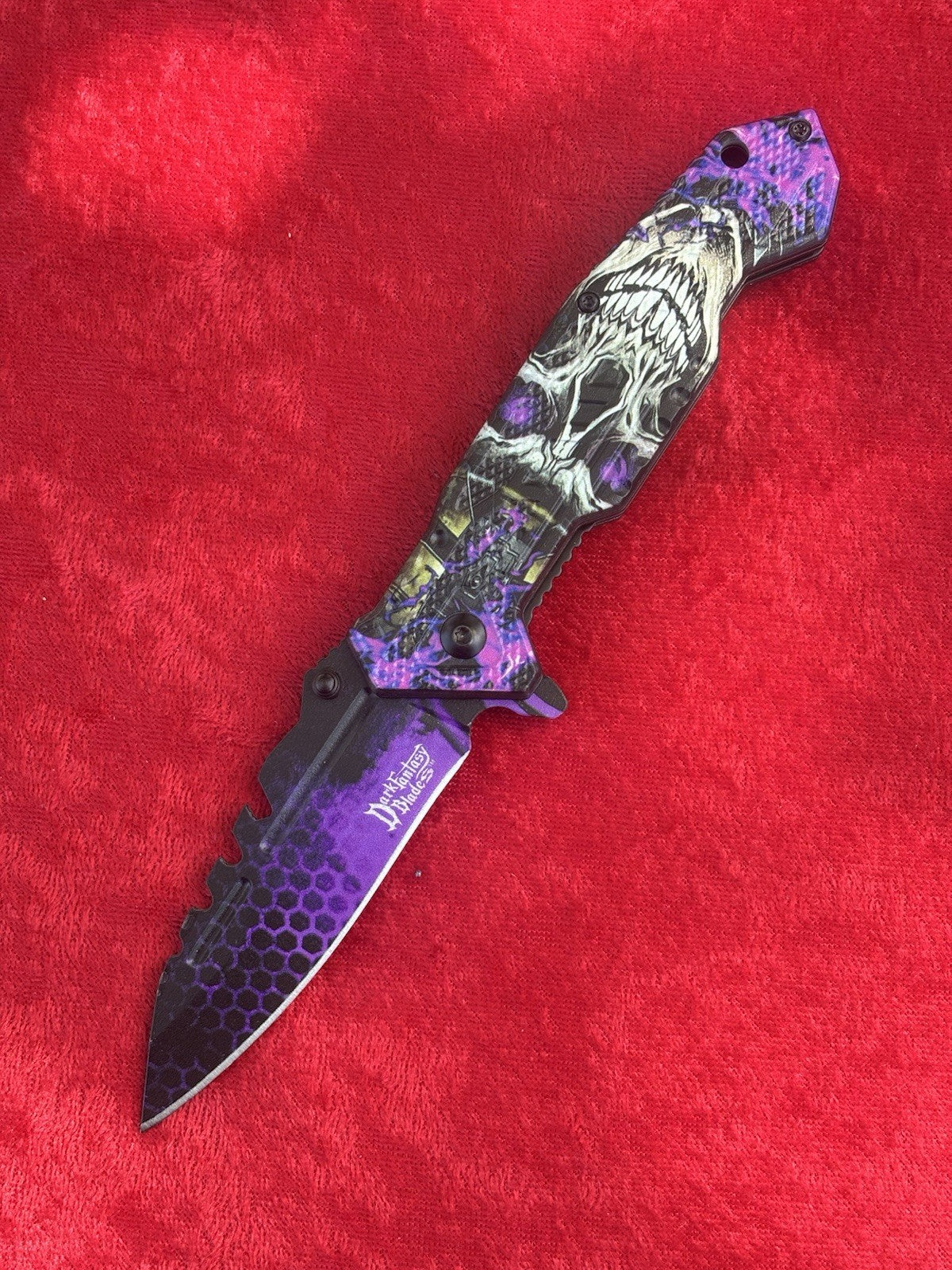 Purple Skull Pocket Knife Spring Assist Black Glowing Eyes Spooky Fantasy Knife