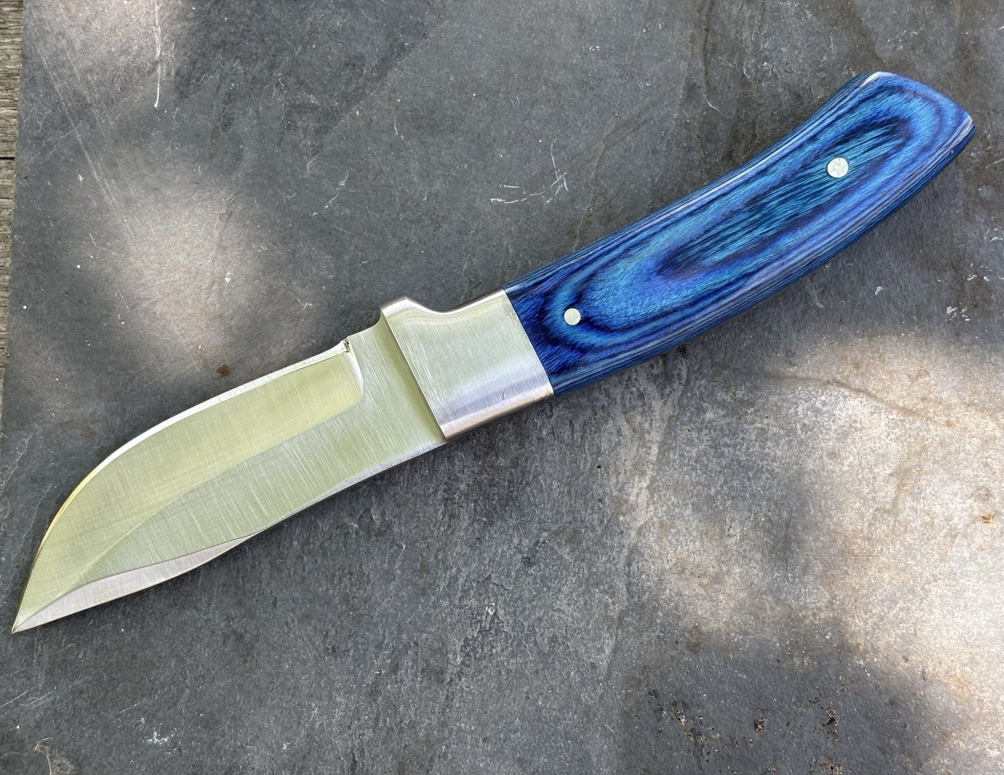7” Chrome/Blue Fixed Blade Knife Full Tang Leather Sheath Sharp Small