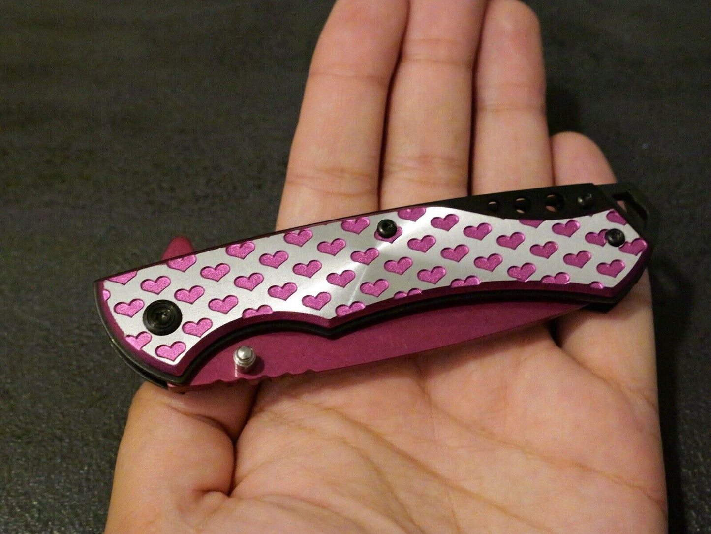 8” Heart Pocket Knife Pink Full Size Ladies Self Defense Girly Cute