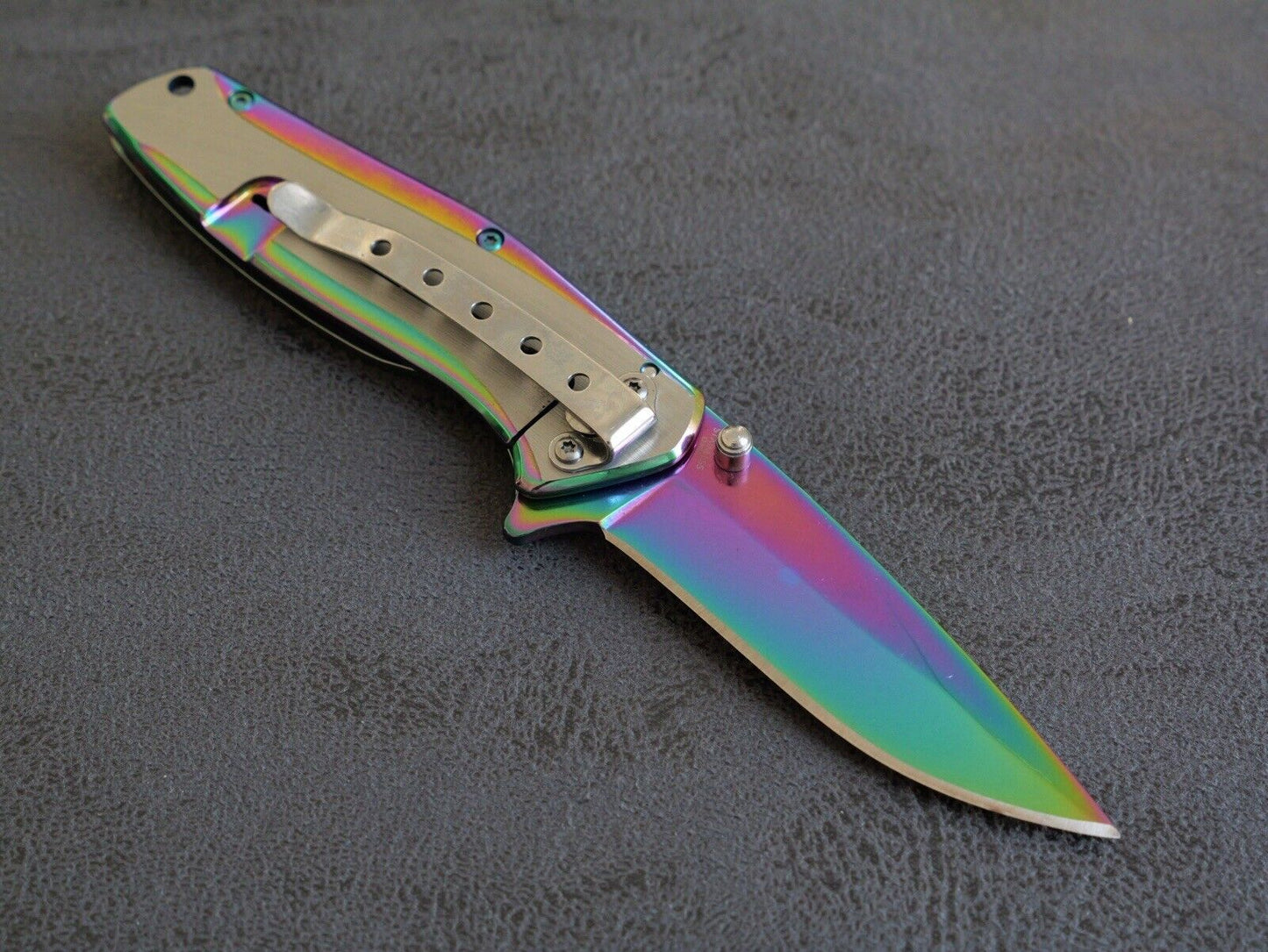 Spring Assist Pocket Knife Medium Size All Metal Brushed Steel Titanium Sharp 4”
