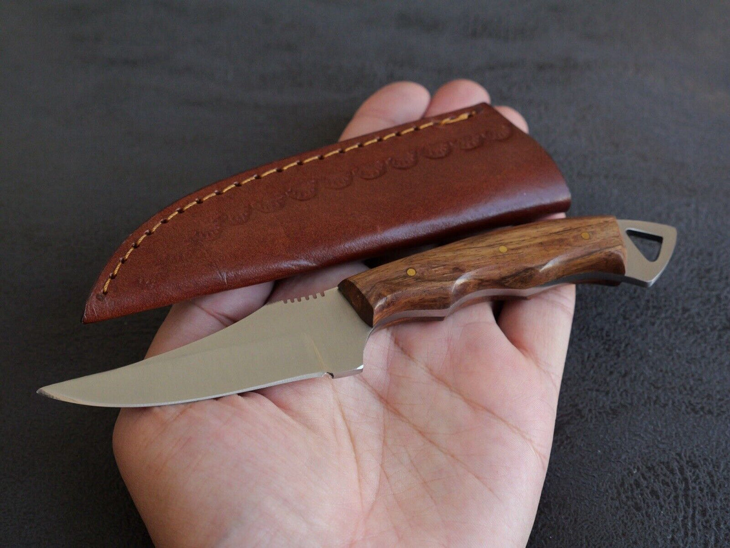 7” Fixed Blade Knife Full Tang Wood Handle Custom Leather Sheath Handmade Mini