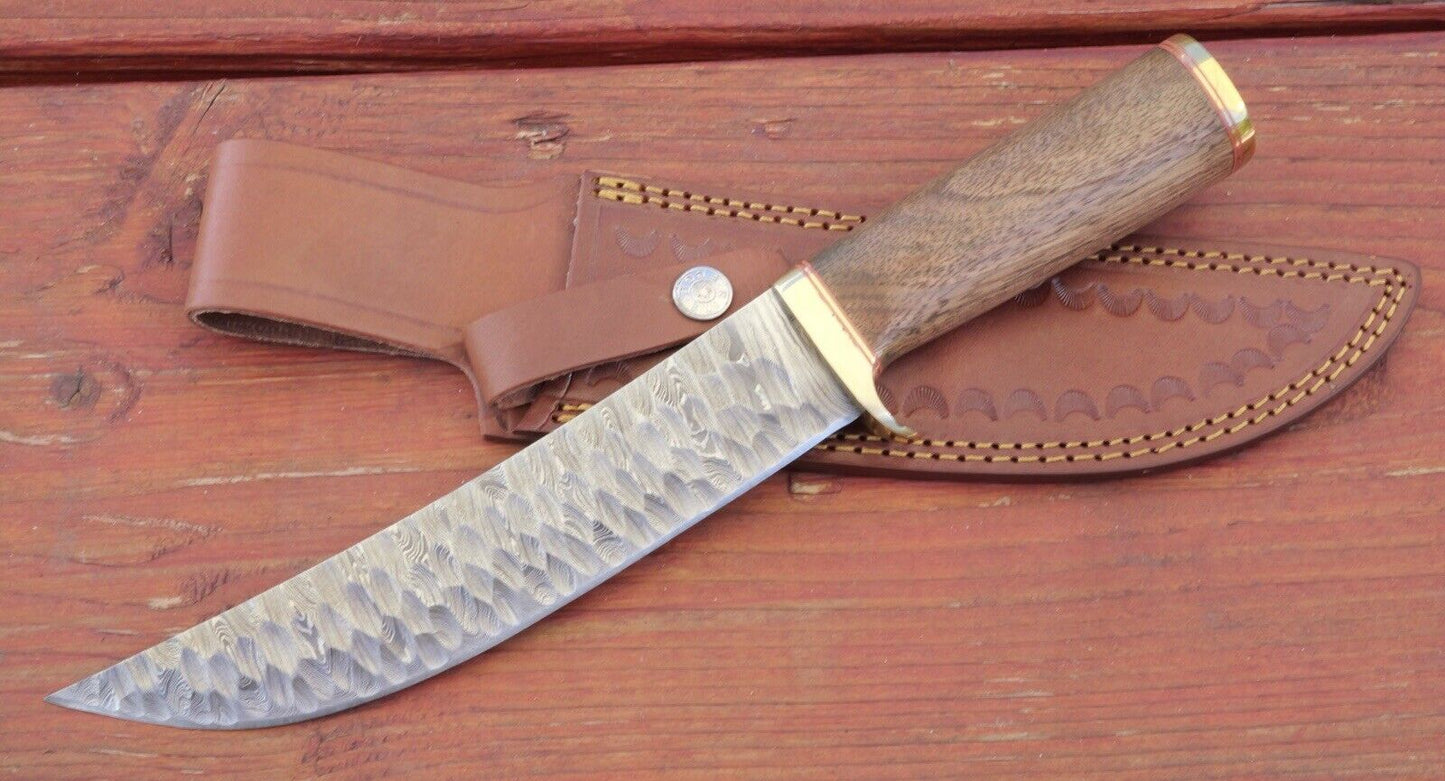 13” Fixed Blade Knife Damascus Hammered Obsidian Blade Curved Hand Forged Sharp