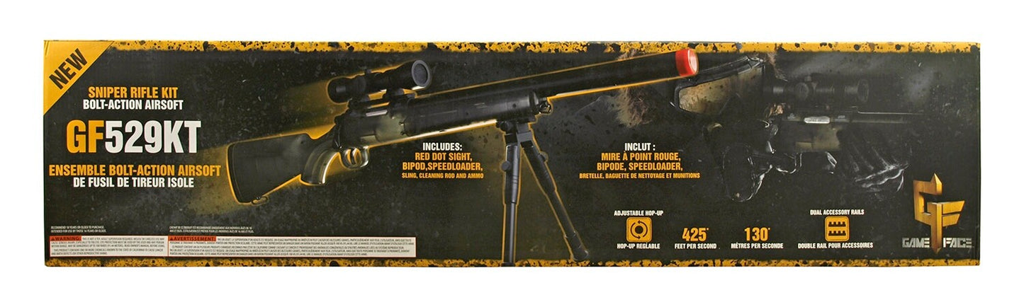 Game Face GF529 Spring-Powered Bolt Action Sniper Airsoft Rifle Clear 425 Fps