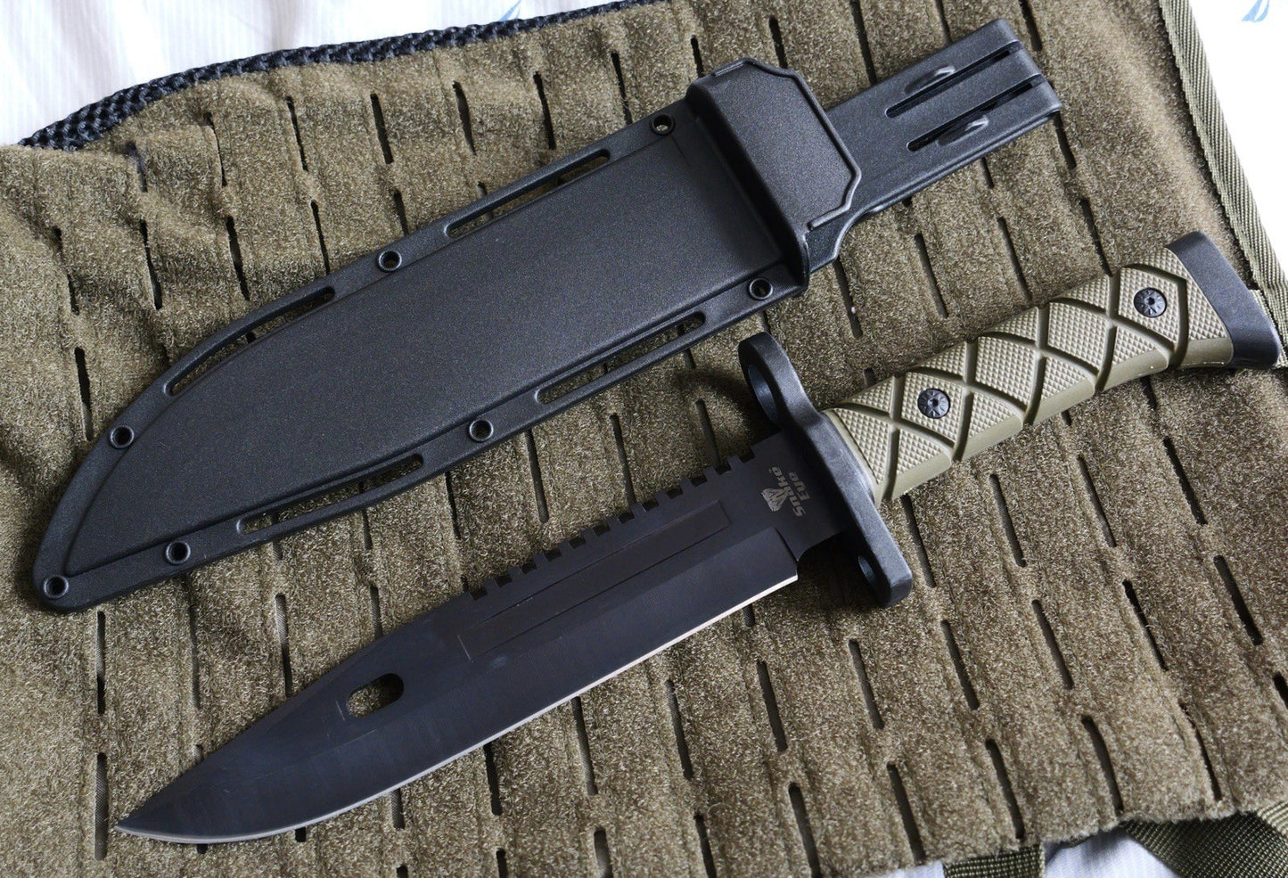 14” Fixed Blade Knife Black Blade Full Tang Rubber Handle Sawback Sharp Bayonet