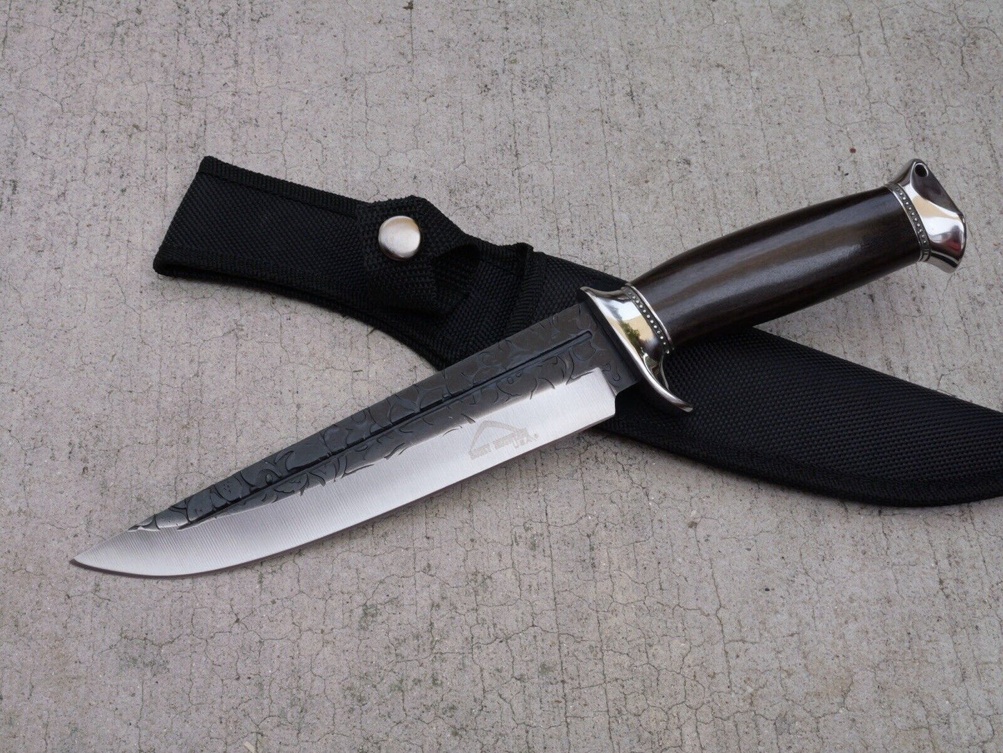 13” Fixed Blade Survival Knife 120 Style Trailing Point Steel Hilt Wood Handle