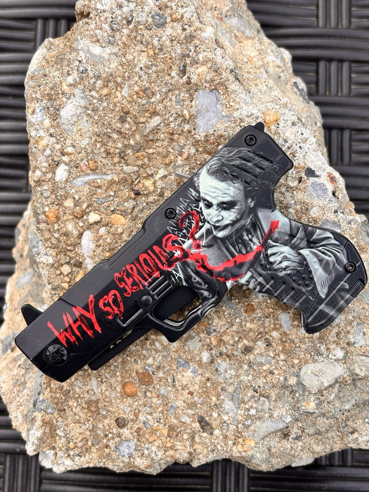 DARK KNIGHT ASSISTED Black Gun Pistol Joker WHY SO SERIOUS FOLDING Pocket KNIFE