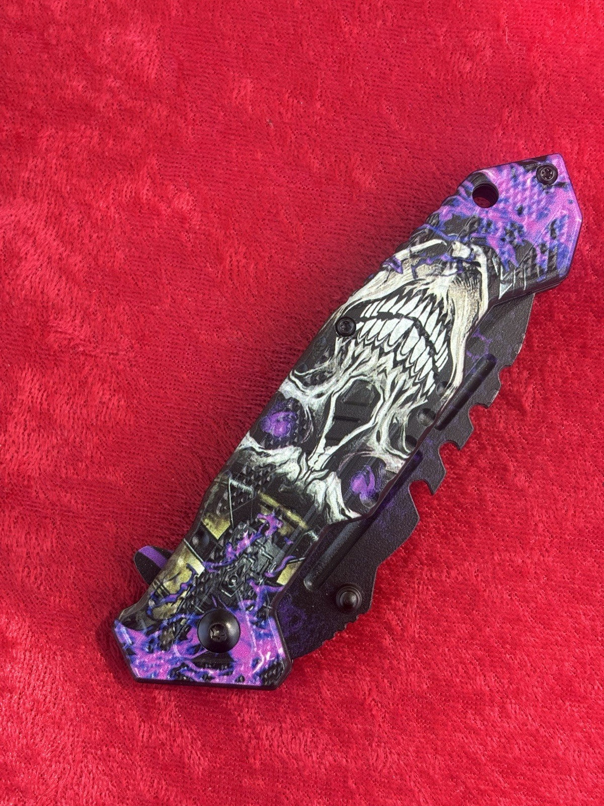 Purple Skull Pocket Knife Spring Assist Black Glowing Eyes Spooky Fantasy Knife
