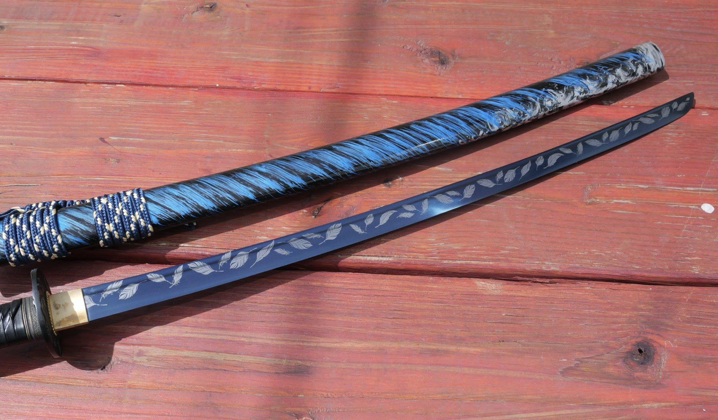 41" Katana Samurai Sword Japanese Blue Blade Feather Design Art Handmade Sharp