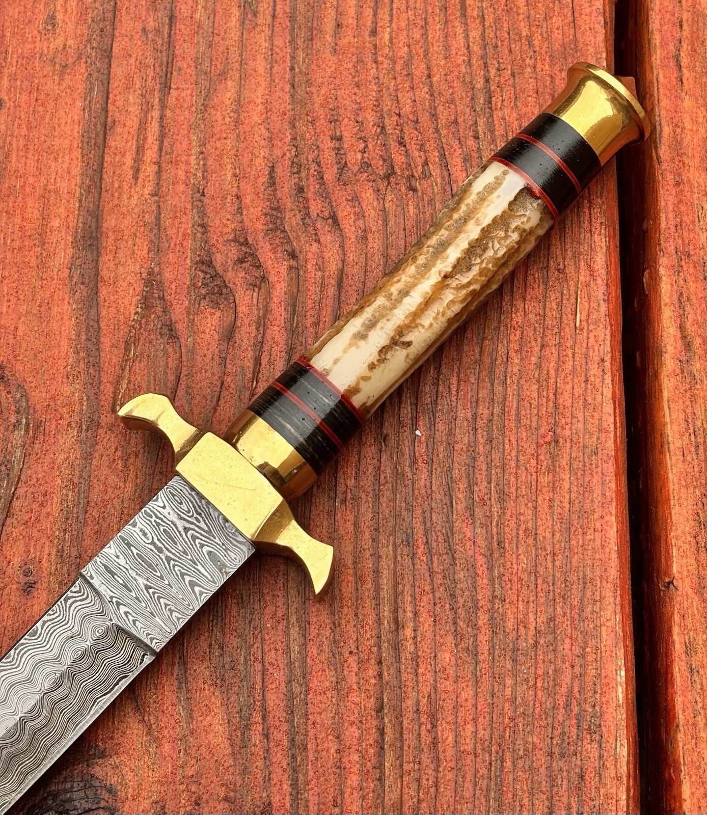 13” FS Commando Dagger Damascus Full Tang Double Edge Spear Point Leather Sheath