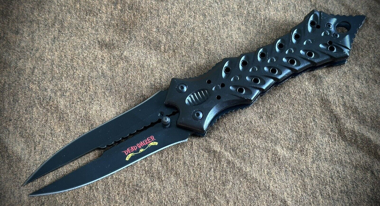 Double Blade Manual Folding Knife Black Stinger Point Full Size Pocket Clip EDC