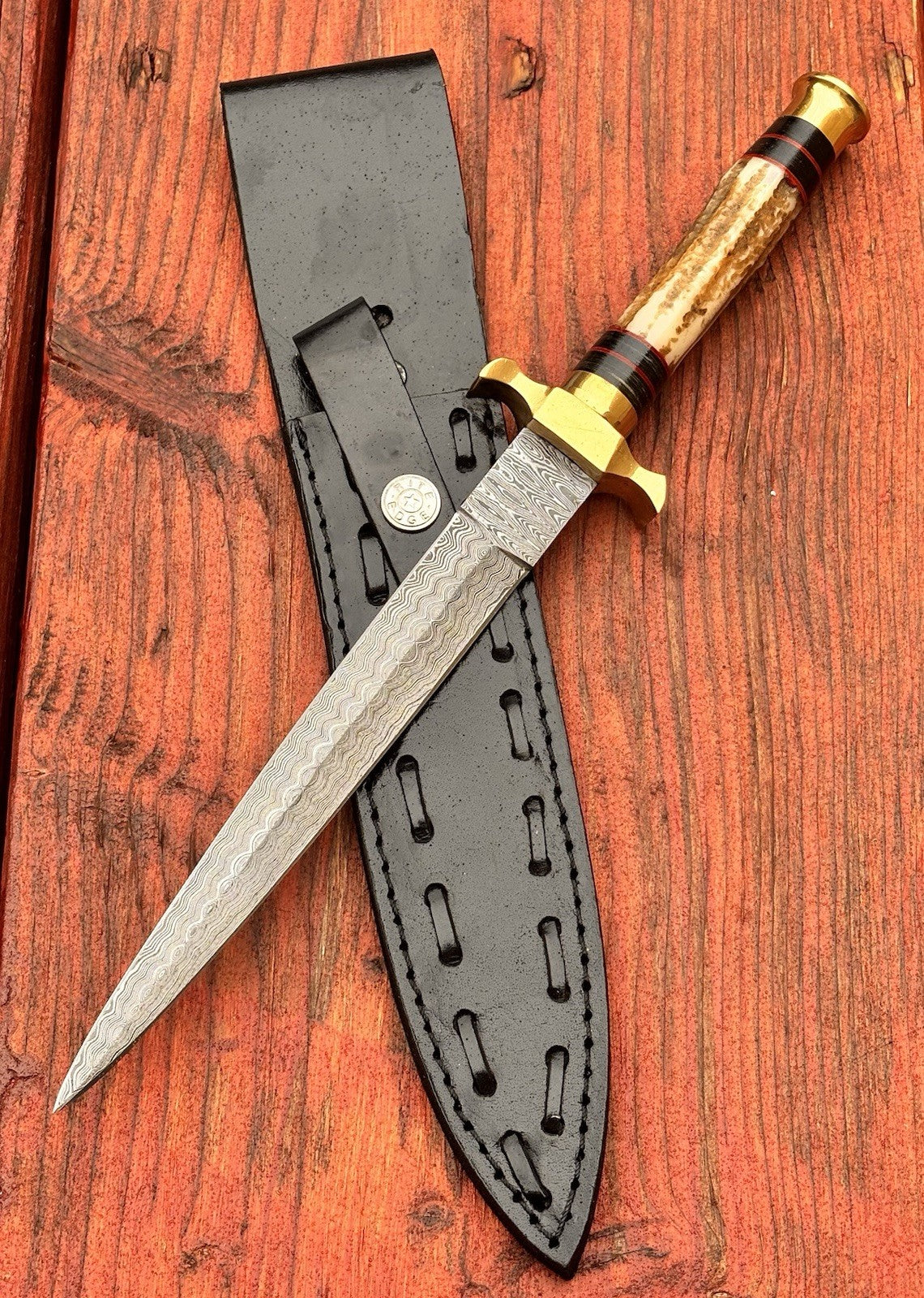 13” FS Commando Dagger Damascus Full Tang Double Edge Spear Point Leather Sheath