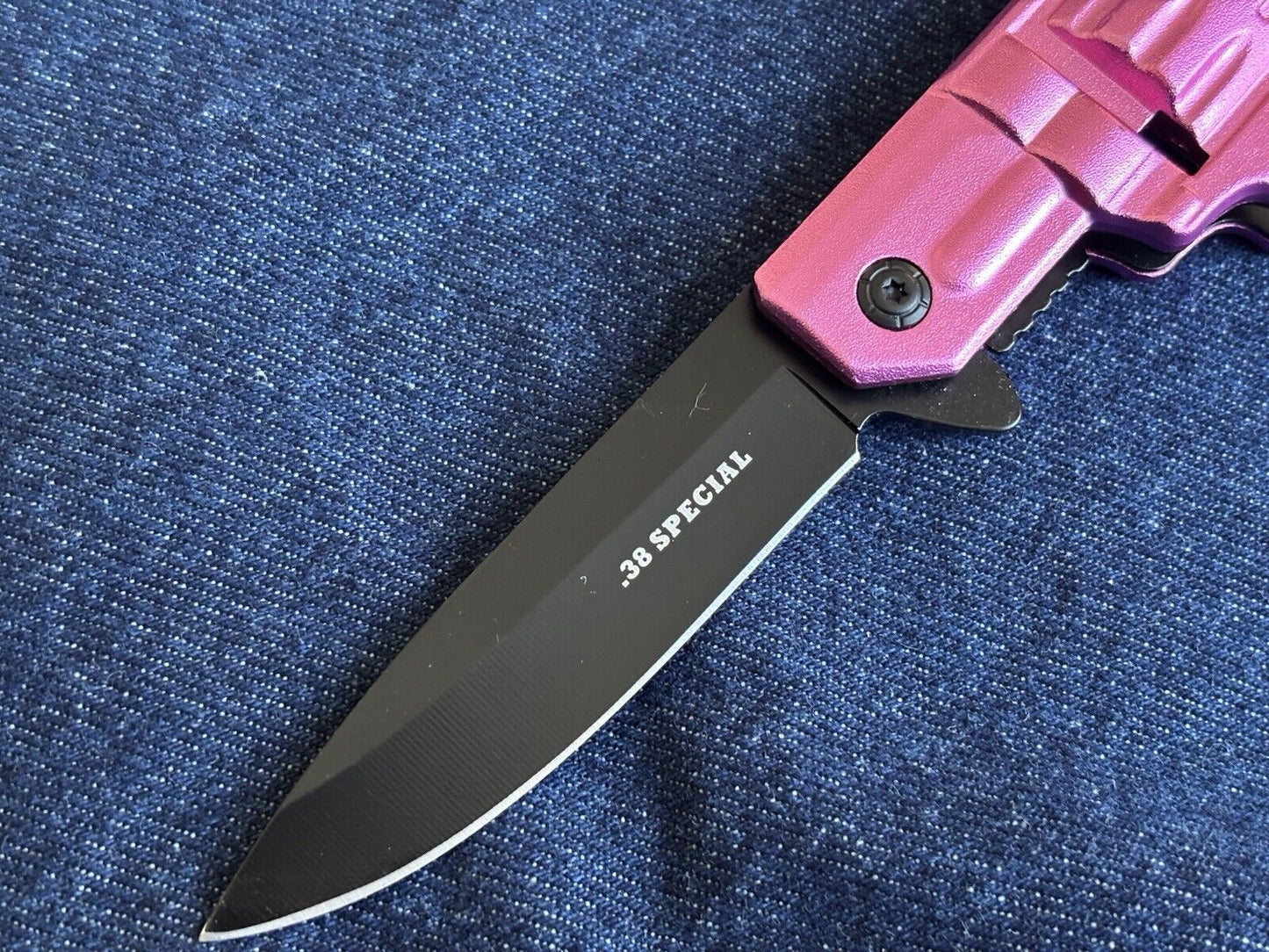 Folding Pocket Knife Pink Pistol Design Sheriff Pocket Clip 3” Blade Sharp