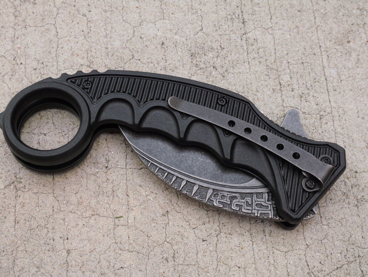 6” Karambit Titanium Stonewashed Modern Black Engraved Pocket Clip Edc Assisted