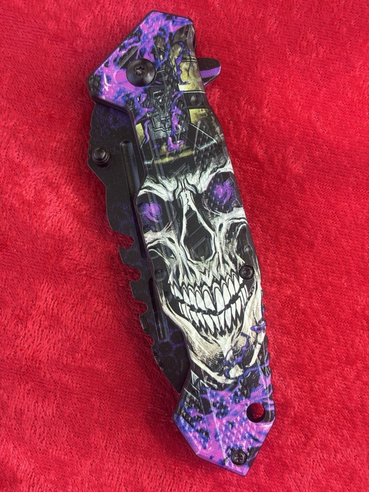 Purple Skull Pocket Knife Spring Assist Black Glowing Eyes Spooky Fantasy Knife