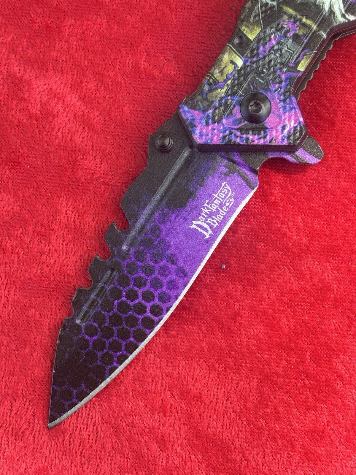 Purple Skull Pocket Knife Spring Assist Black Glowing Eyes Spooky Fantasy Knife
