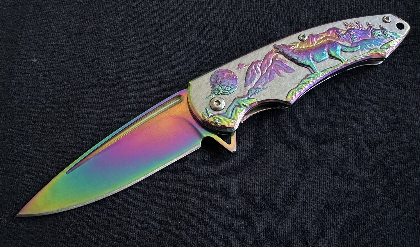 Wolf Pocket Knife Howling Moon Full Size Pocket Knife Metal Handle Sharp EDC