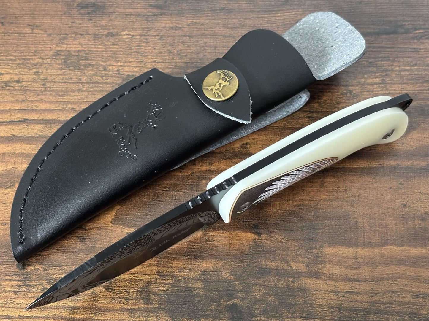 7” Fixed Blade Knife Elk Ridge Full Tang Eagle Laser Engraved Leather Sheath