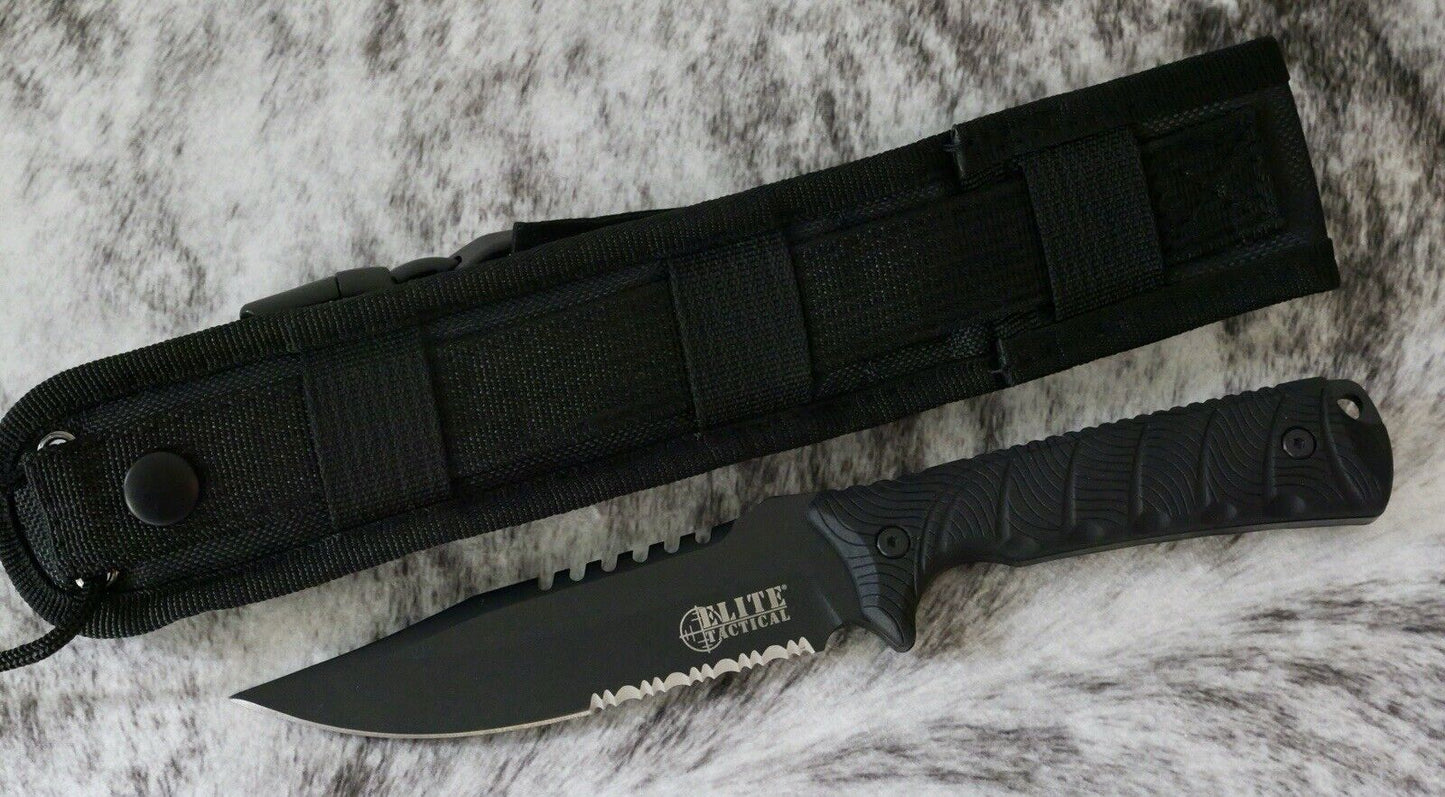 10” Fixed Blade Knife Horizontal Carry Tactical Sheath 8CR13 Steel Stealth Black