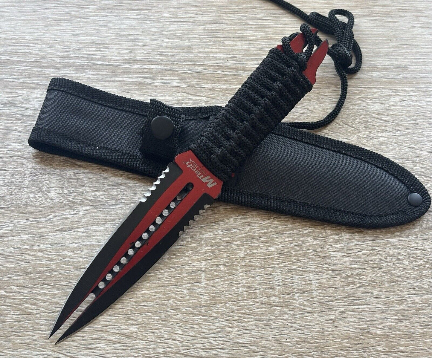 9” Red Stinger Fixed Blade Knife Full Tang Double Edge Sharp Nylon Sheath Cord