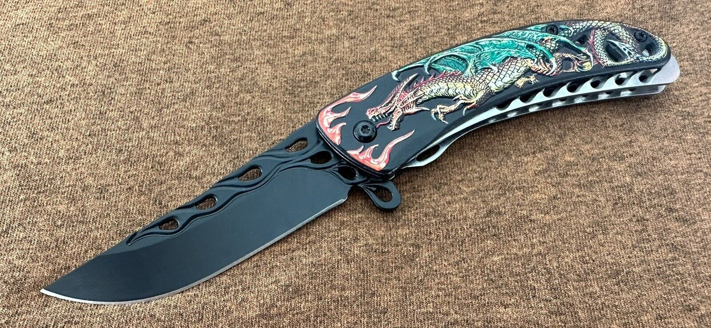 Dragon Flame Folding Pocket Knife Spring Assist Pocket Clip 3.5” Blade Tactical