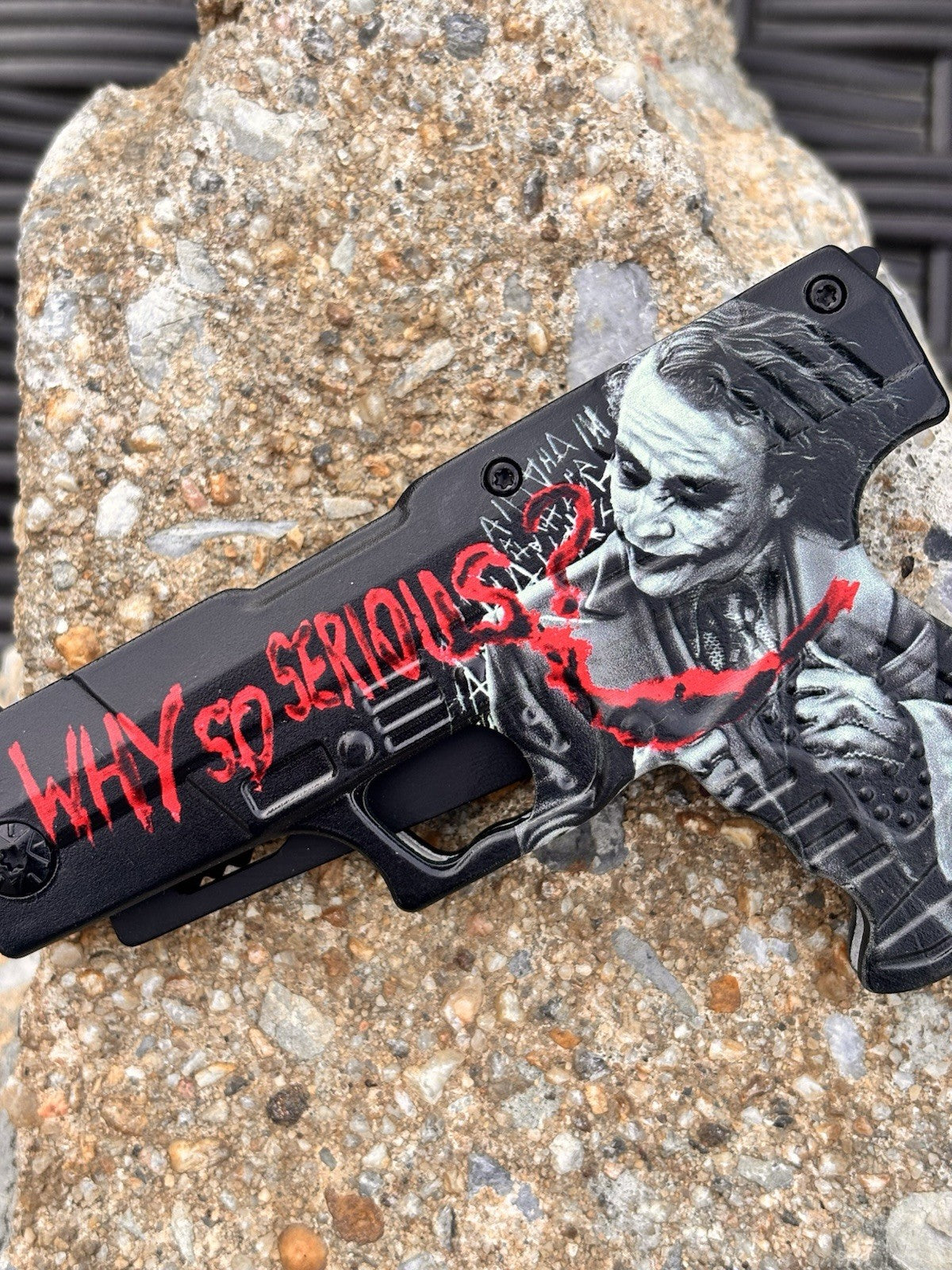 DARK KNIGHT ASSISTED Black Gun Pistol Joker WHY SO SERIOUS FOLDING Pocket KNIFE