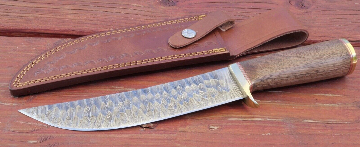 13” Fixed Blade Knife Damascus Hammered Obsidian Blade Curved Hand Forged Sharp