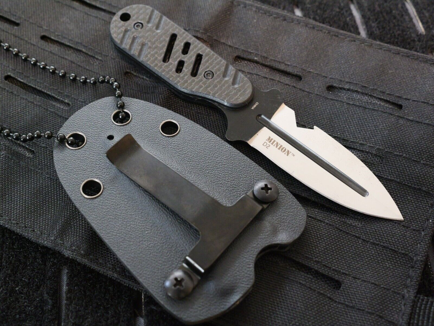 Tactical Neck Knife D2 Steel Black Carbon Fiber Handle Kydex Sheath Full Tang 8"