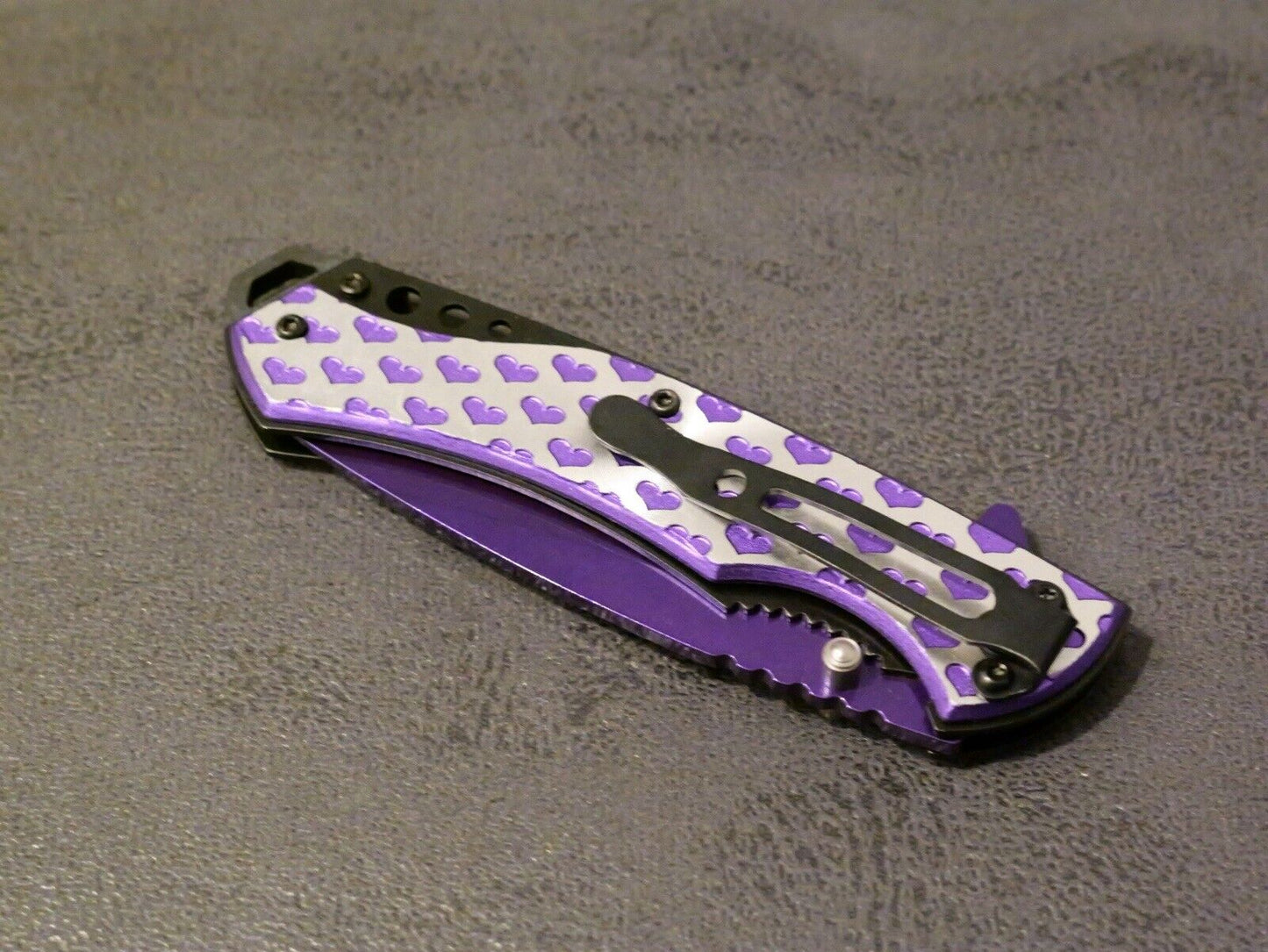 8” Heart Pocket Knife Purple Full Size Ladies Self Defense Girly Cute Assist