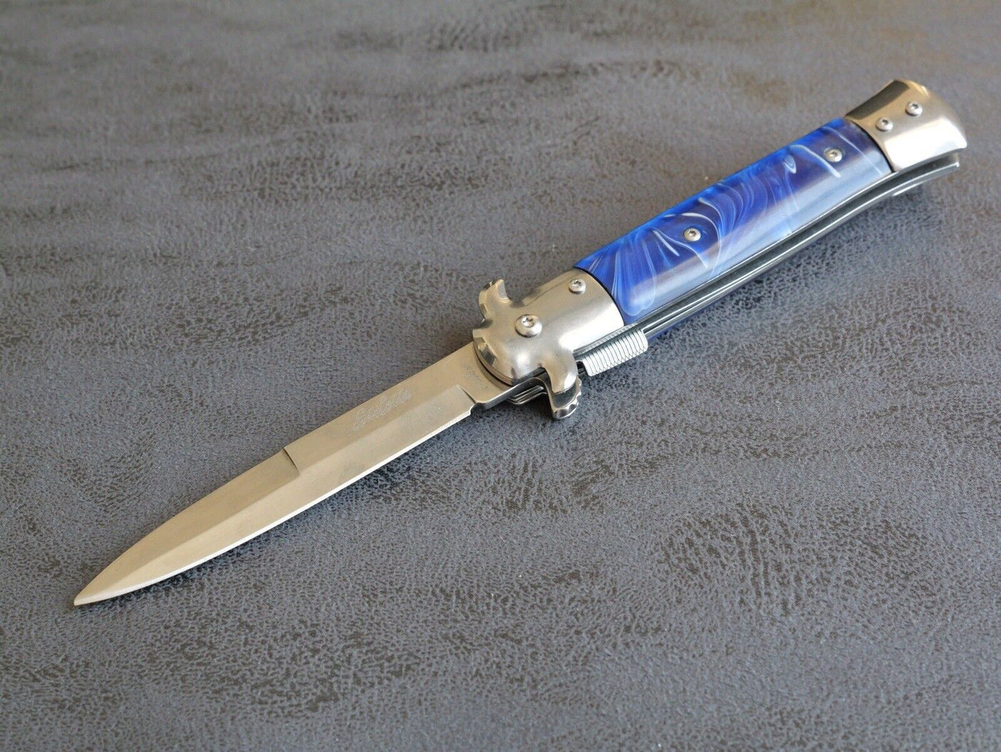 Pocket Knife Vintage Italian Design Blue Pearl Chrome Handle Assisted Deep Carry
