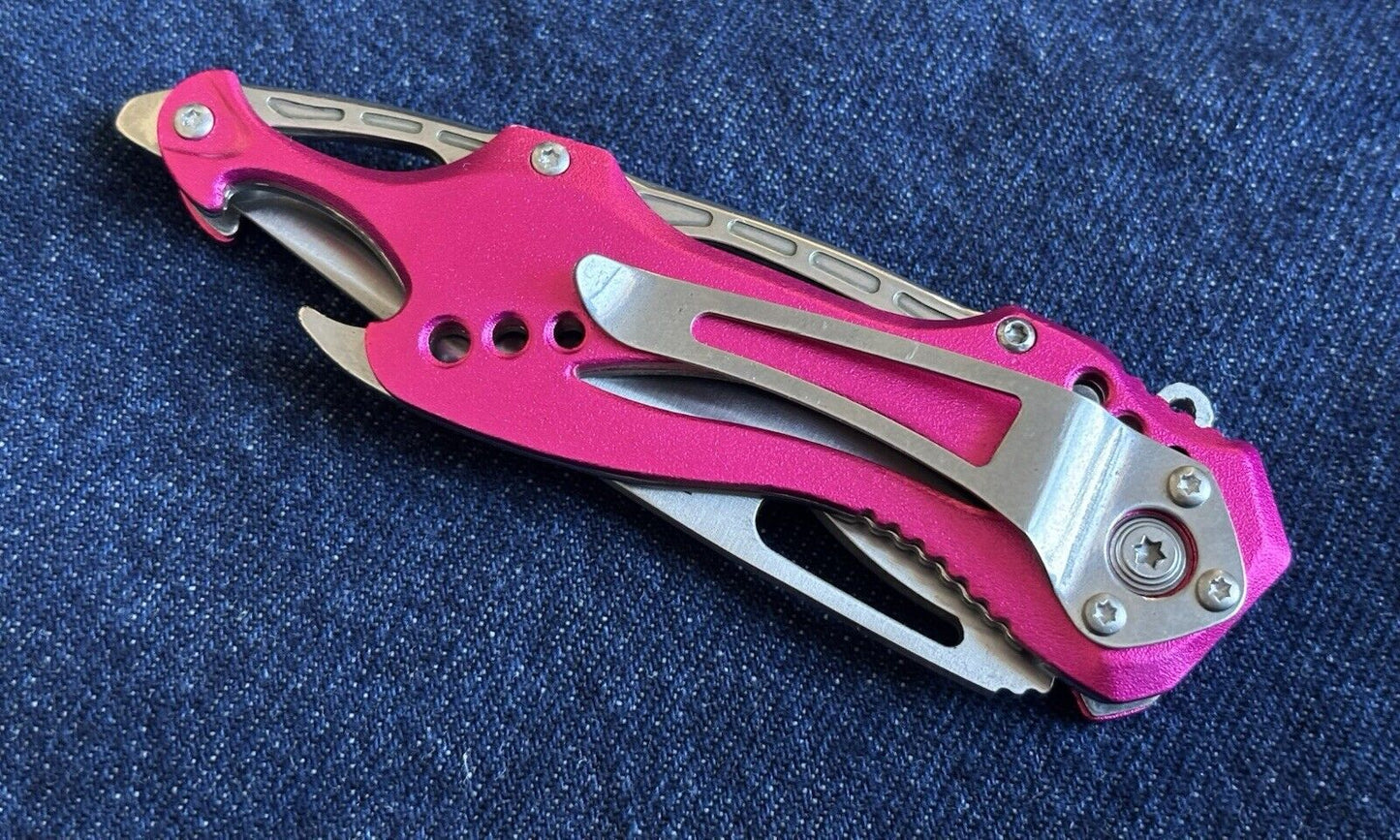 Hot Pink Pocket Knife Spring Assisted Chrome Ladies Self Defense Girly Full Size