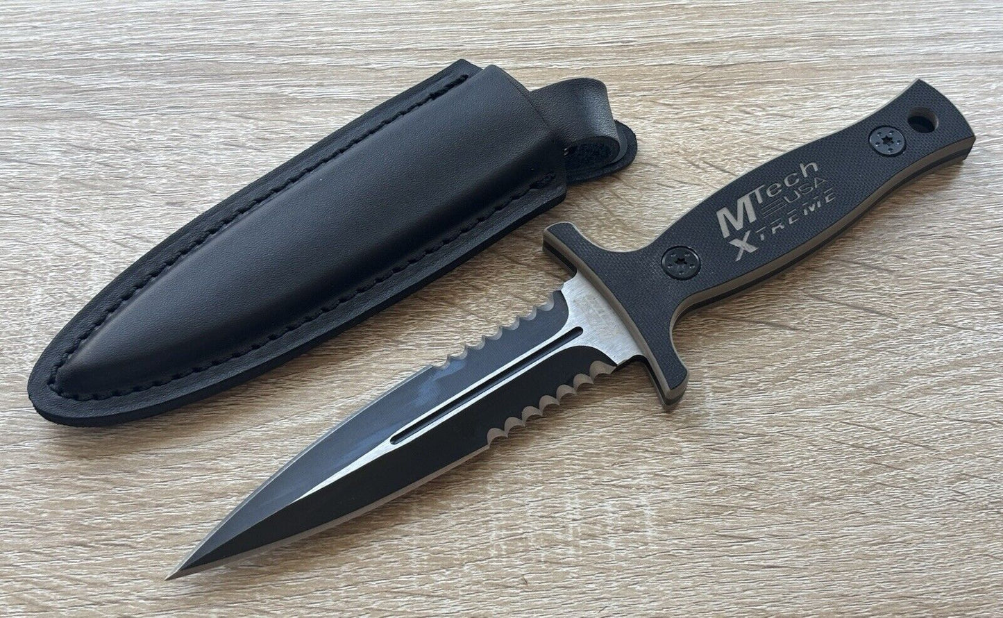 9” Boot Knife Heavy Duty Full Tang Spear Point Stealth Black Leather Sheath