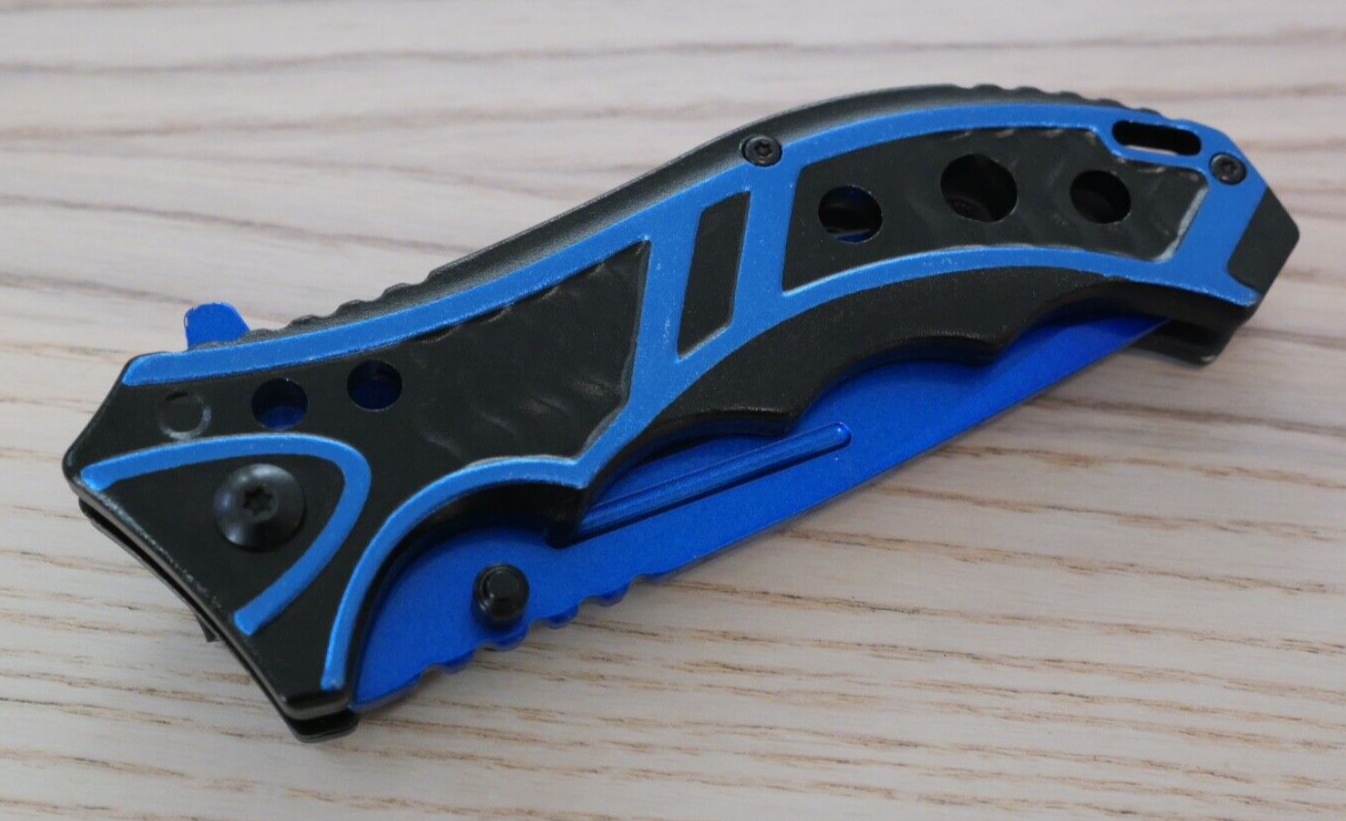 Blue Pocket Knife Spring Assisted Black Self Defense Tactical Full Size QUICK