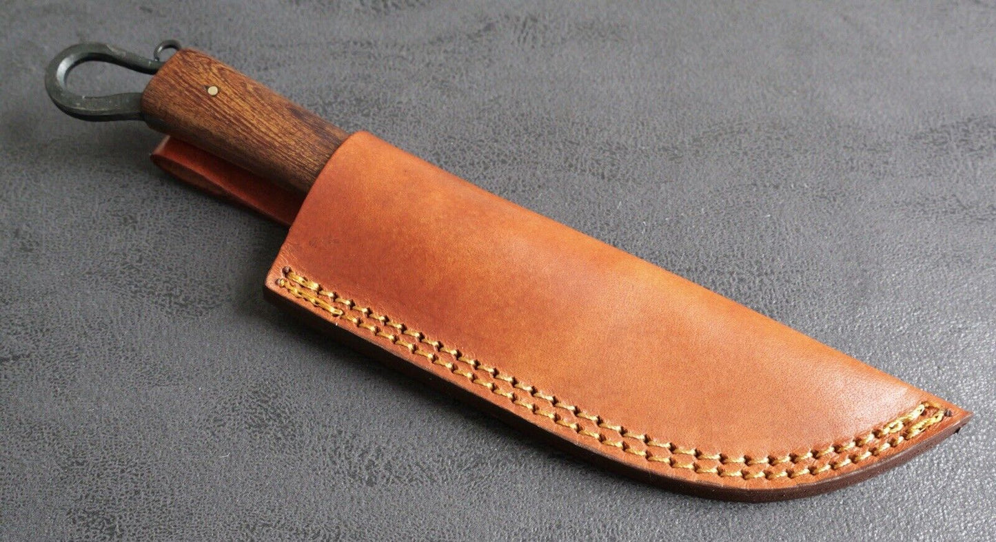 10” Fixed Blade Knife Carbon Steel Hand Forged Recurve Wood Handle Leather Case