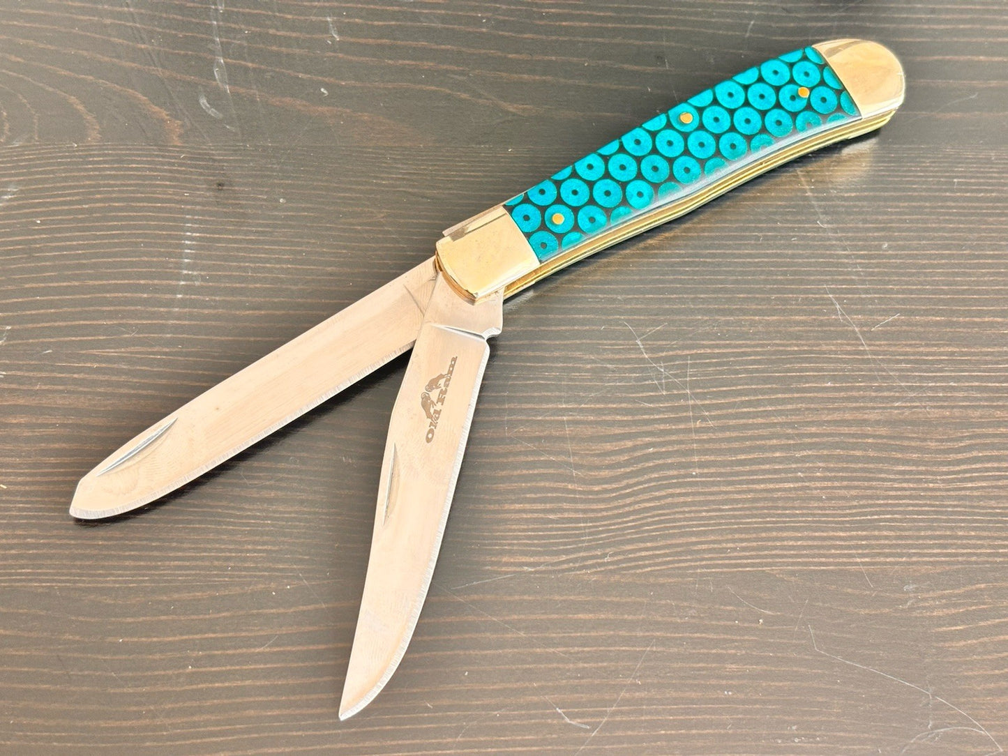 Old Ram 2 Blade Retro Pocket Knife Blue Green Vintage Trapper XL 7.5”