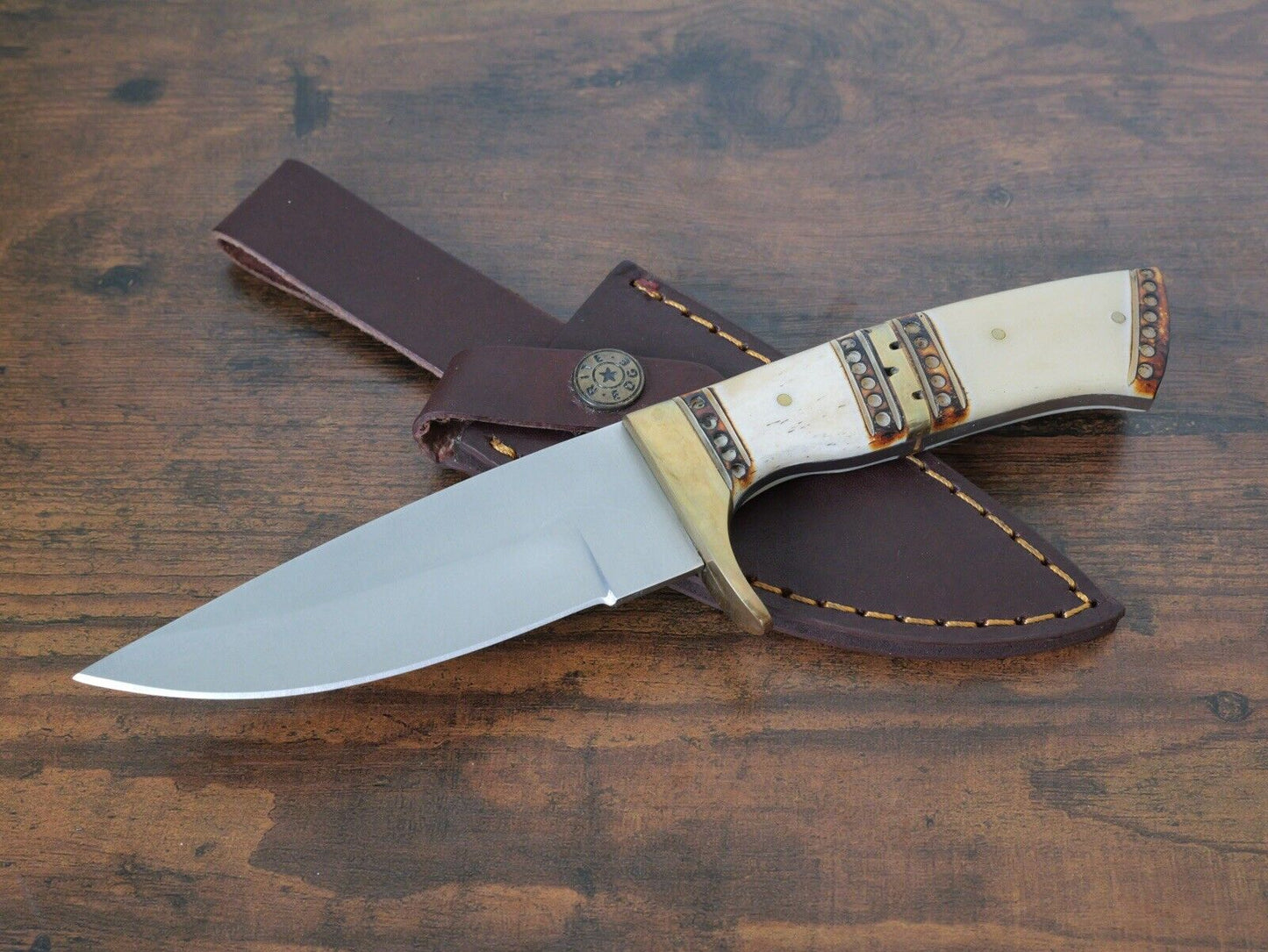 9” Fixed Blade Knife Survival Thick Blade High Carbon Steel Brass Hilt Sharp
