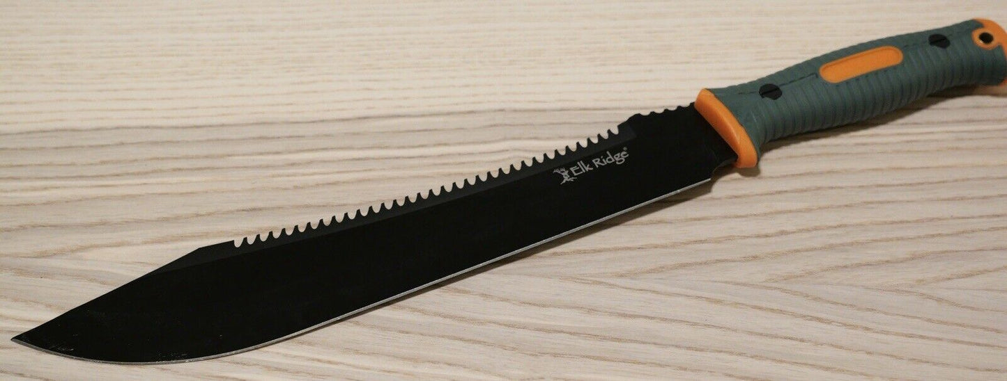 16” Machete Elk Ridge Sawback Blade Rubber Handle Black Full Tang Sharp Sheath