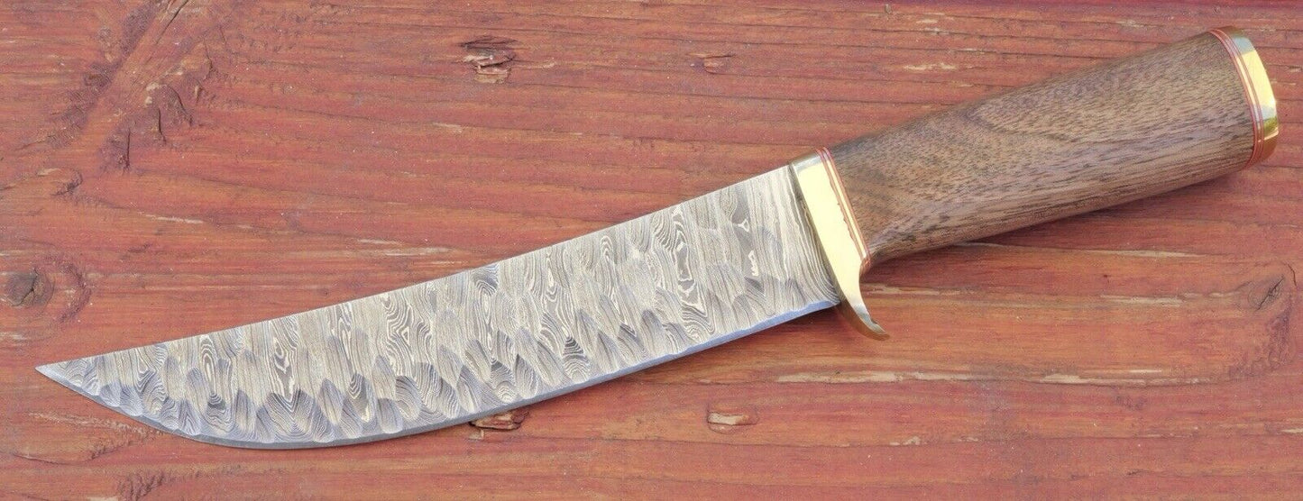 13” Fixed Blade Knife Damascus Hammered Obsidian Blade Curved Hand Forged Sharp