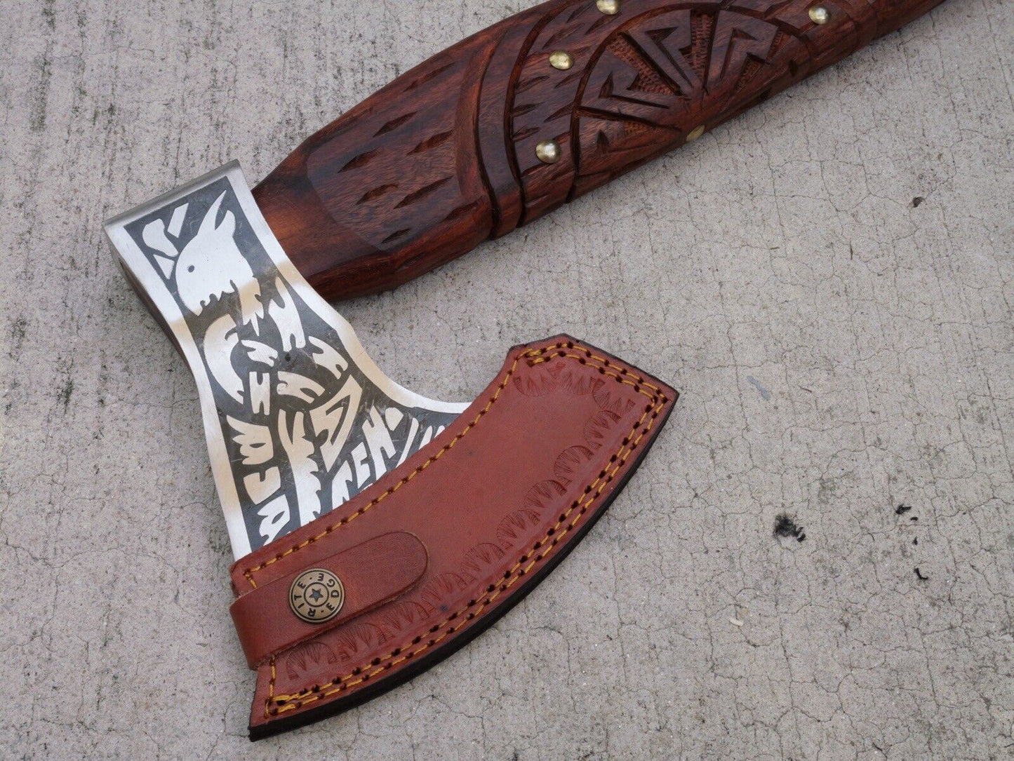 22” Viking Axe Compass Sword Handle Hand Forged Jute Handle Wrap Thick 54 Hrc