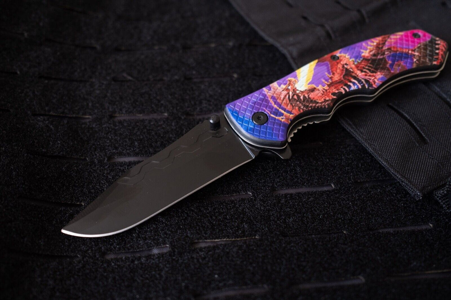 Dragon Flame Spring Assist Folding Pocket Knife Belt Clip Full Size Ergonomic