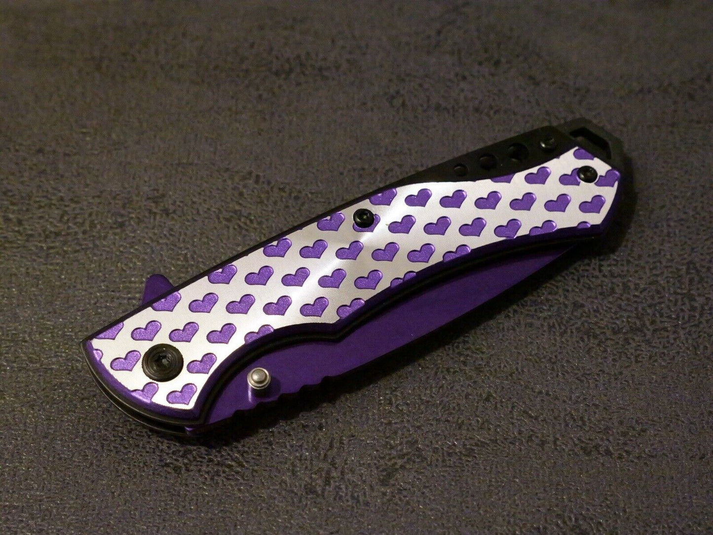 8” Heart Pocket Knife Purple Full Size Ladies Self Defense Girly Cute Assist