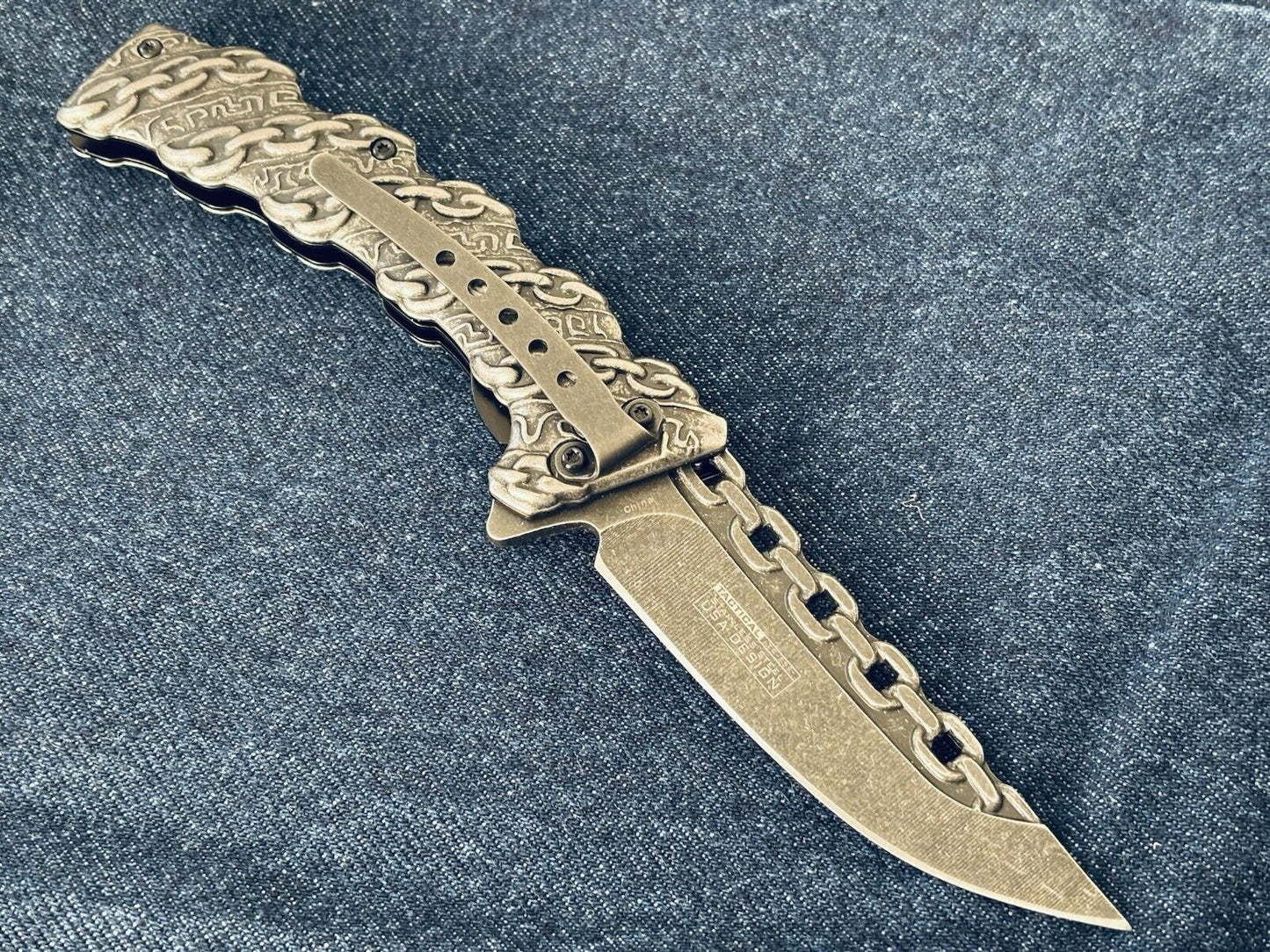 Chain Pocket Knife Rustic Full Size Spring Assist All Metal Sharp Chains Steel