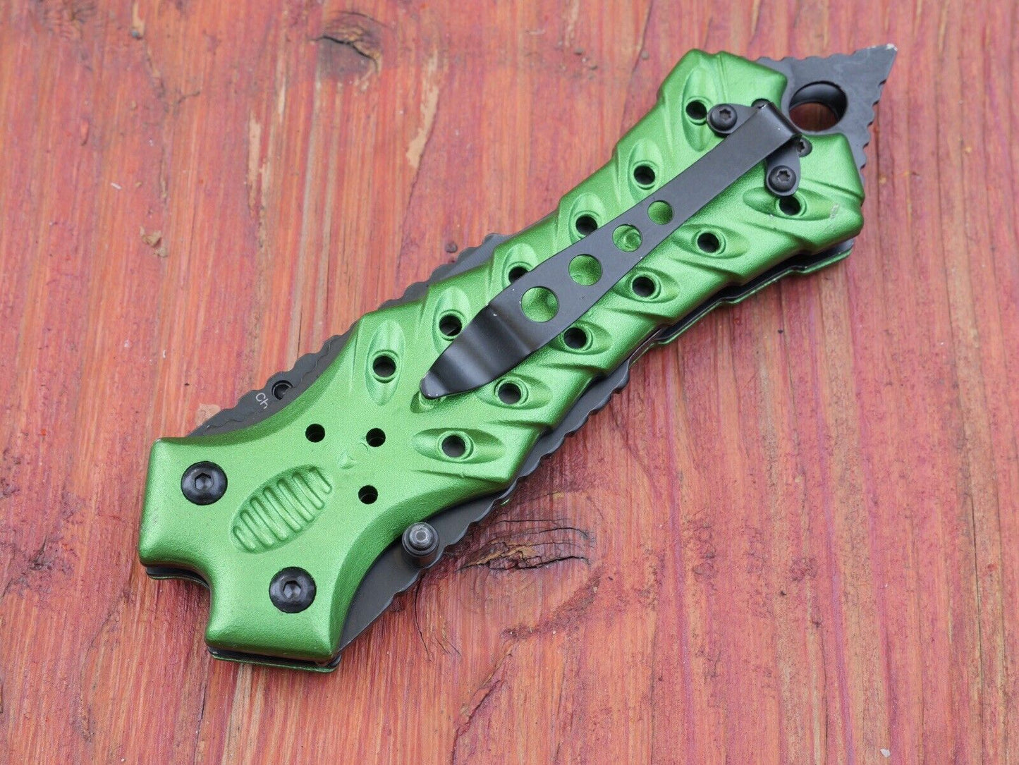 Double Blade Manual Folding Knife Green Stinger Point Full Size Pocket Clip EDC