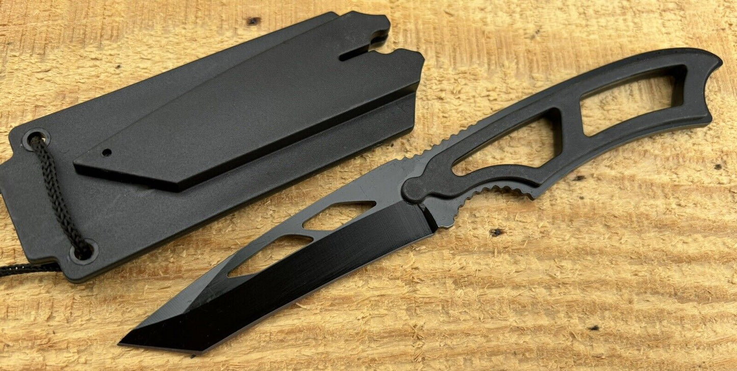 Neck Knife Full Tang Tanto Black Stealth 7.5” Overall Nylon Sheath EDC