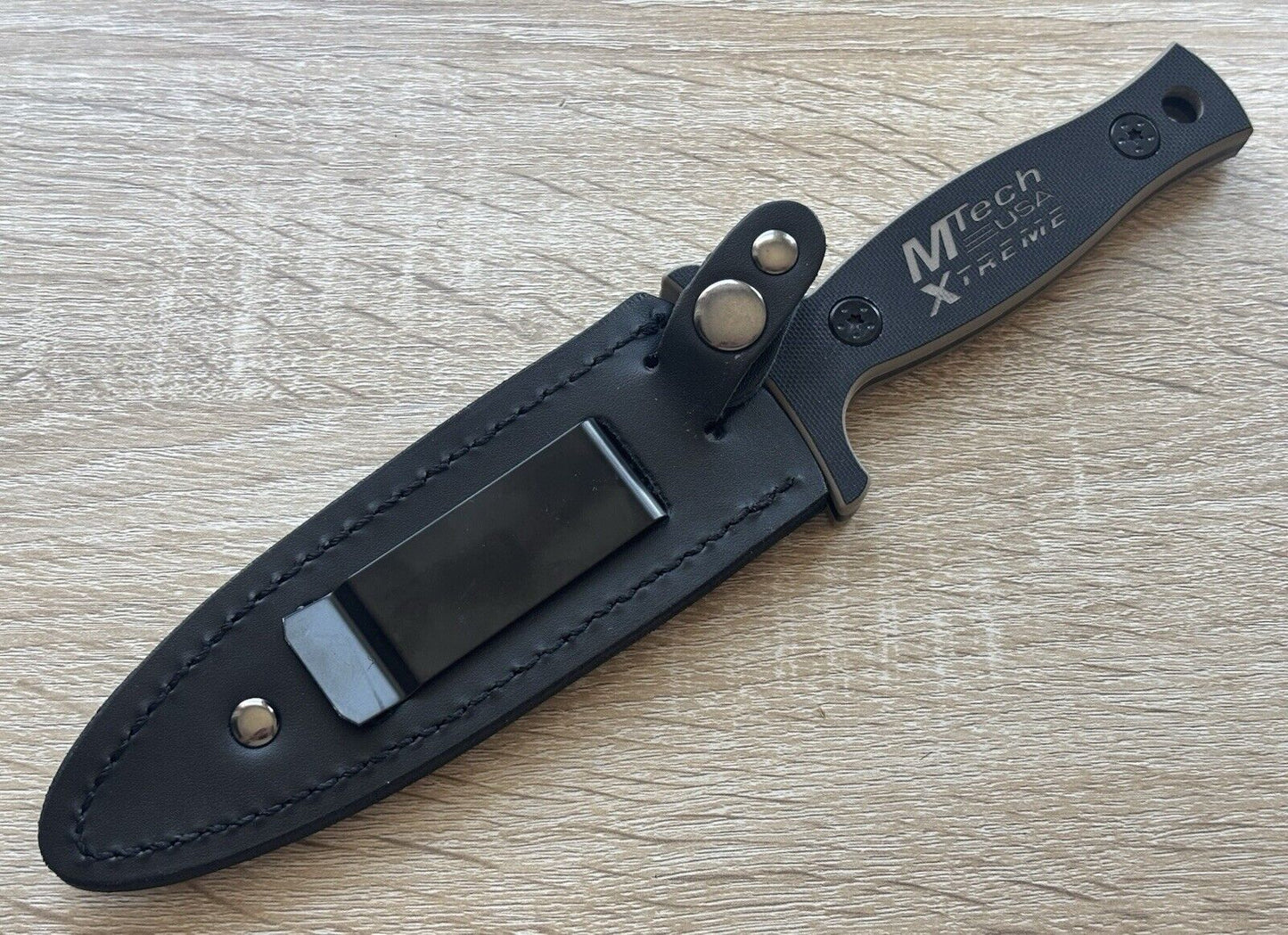9” Boot Knife Heavy Duty Full Tang Spear Point Stealth Black Leather Sheath