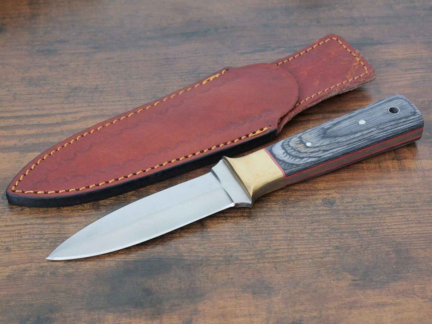 9” Boot Knife Heavy Duty Thick Gauge Blade Double Edge Spear Point Brass Wood
