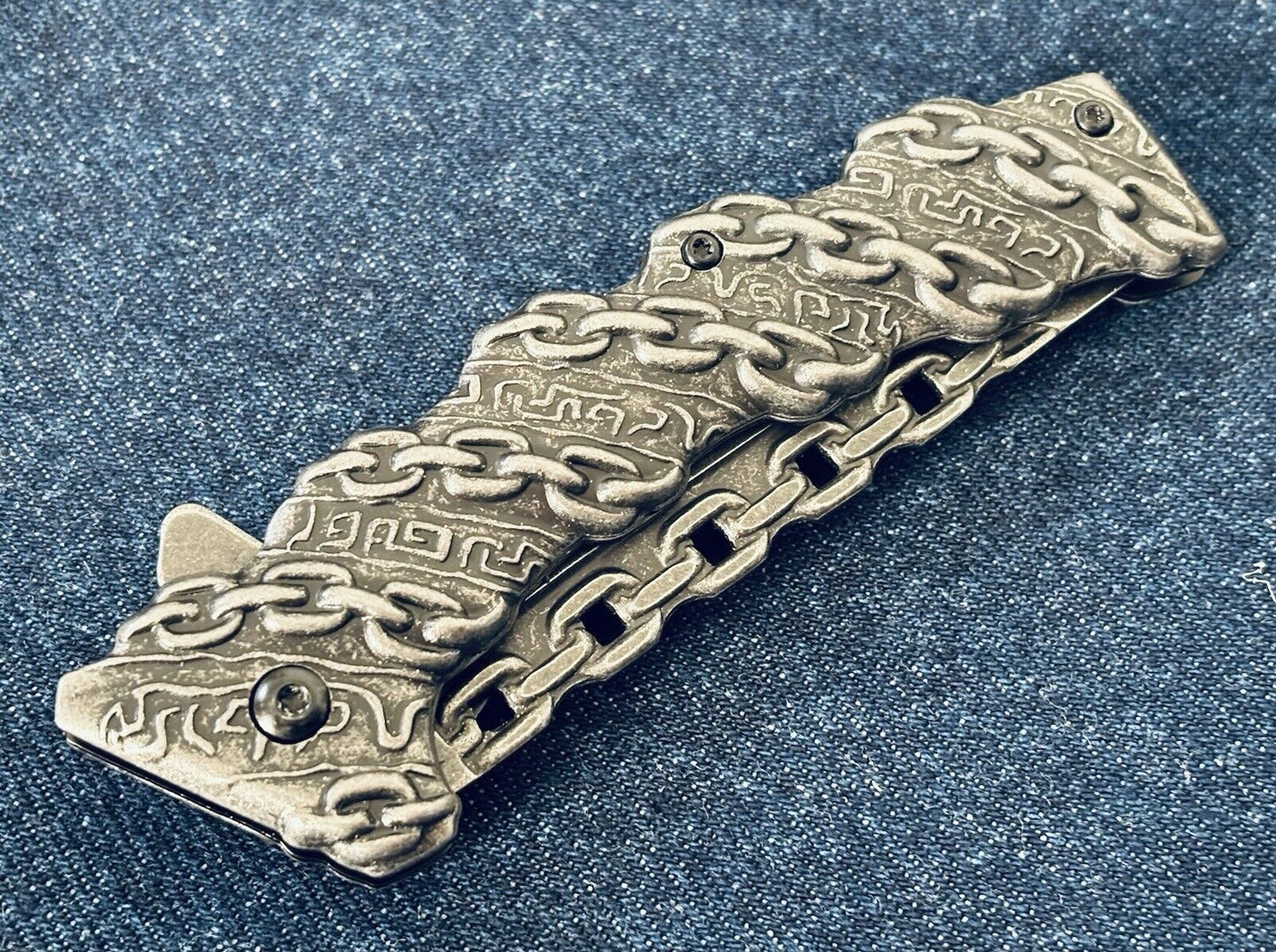 Chain Pocket Knife Rustic Full Size Spring Assist All Metal Sharp Chains Steel