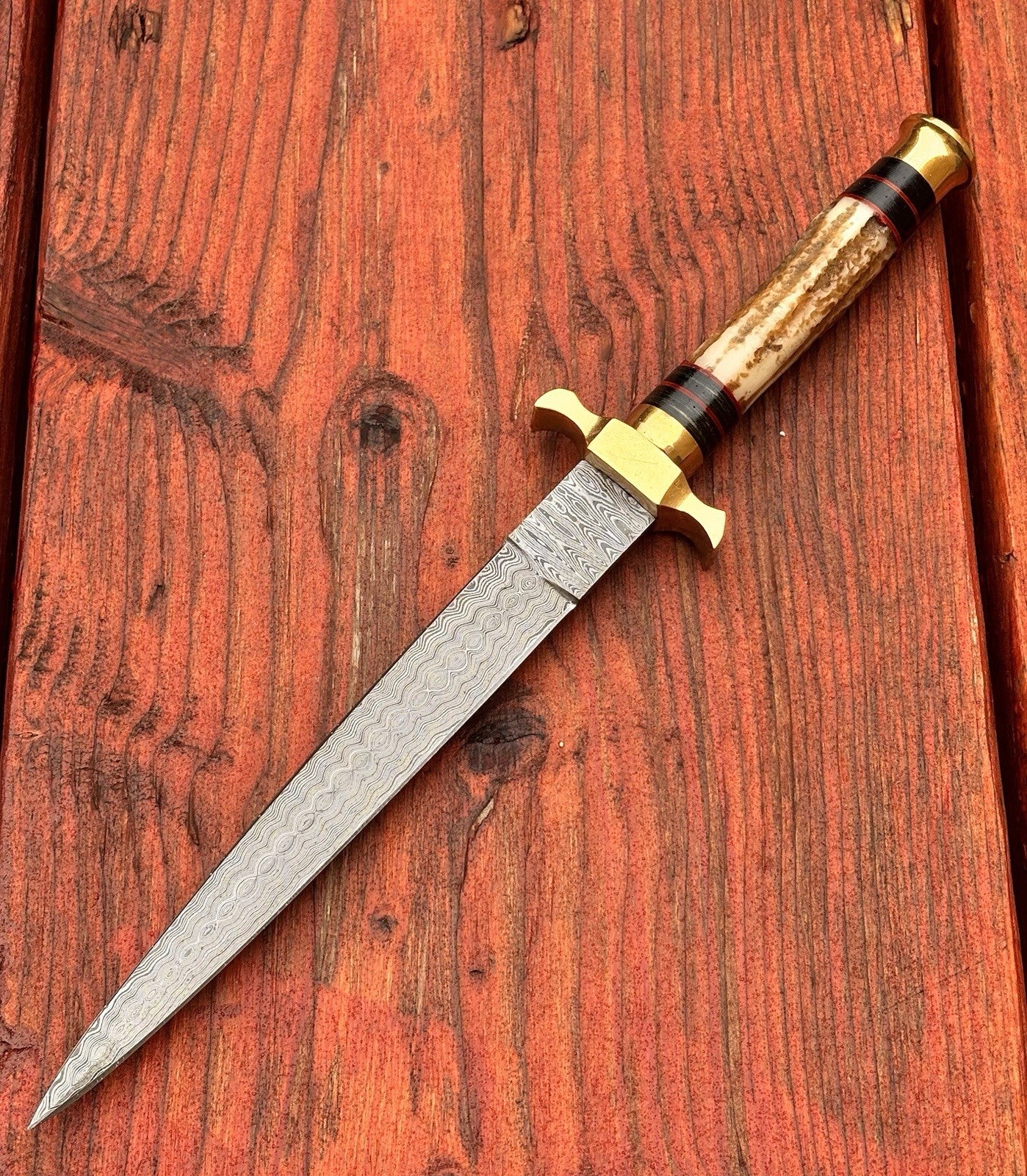 13” FS Commando Dagger Damascus Full Tang Double Edge Spear Point Leather Sheath