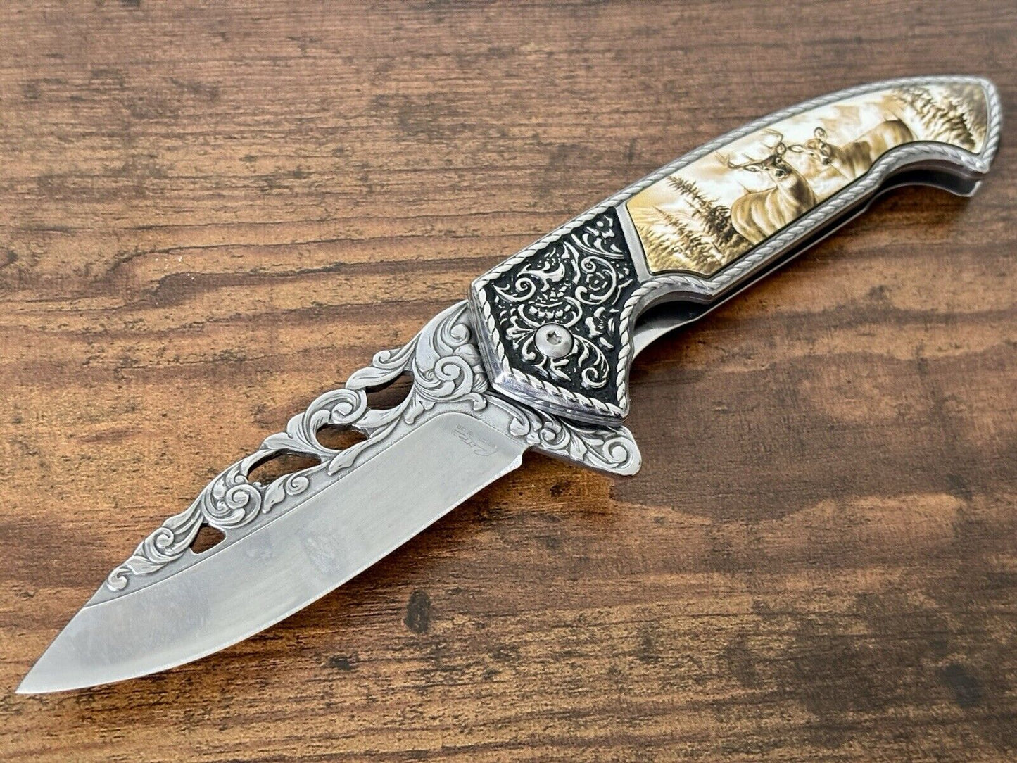 Deer Wildlife Gift Box Knife Stainless Steel Engraved Ornate Faux Ivory Handle