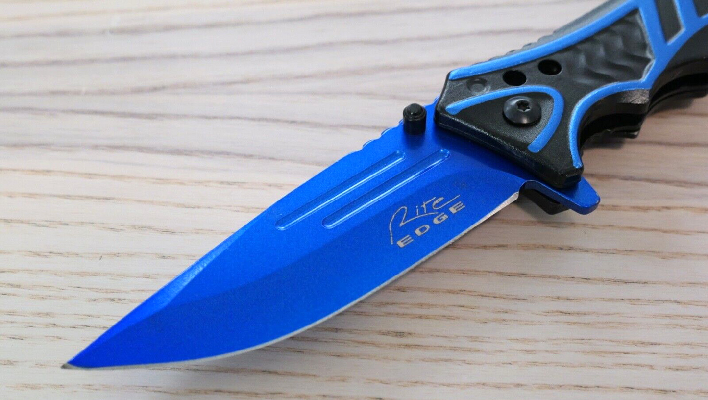 Blue Pocket Knife Spring Assisted Black Self Defense Tactical Full Size QUICK