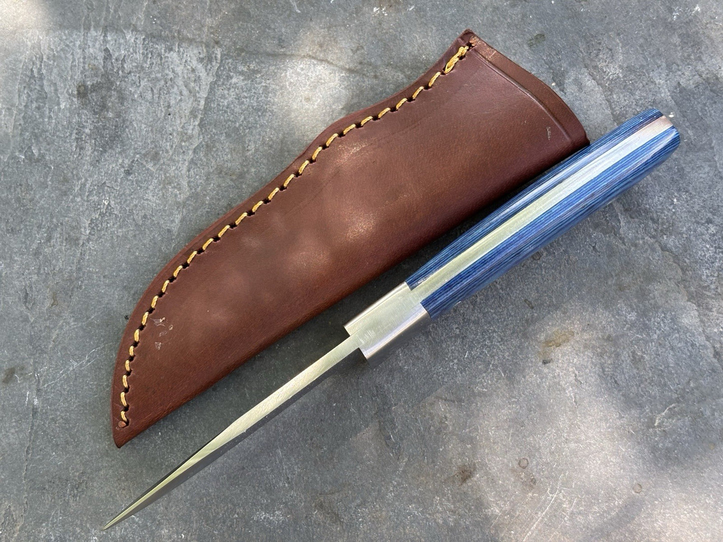 7” Chrome/Blue Fixed Blade Knife Full Tang Leather Sheath Sharp Small